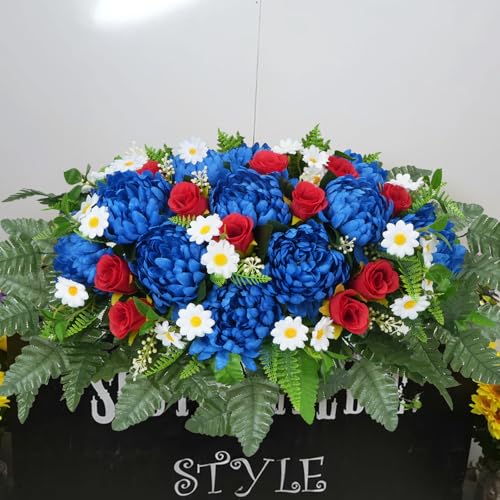 Product: MHMJON Artificial Cemetery Flowers Saddles Outdoor Grave Decoration, Realistic Vibrant Fake Mums with Silk Red Rose Floral Arrangement Saddle for Headstone Grave Tombstone Autumn Christmas Decor
