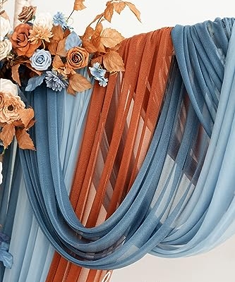 Product: Ling's Moment Fall Wedding Arch Flowers with Sheer Drapes Kit - Artificial Orange and Navy Blue Floral Arrangements for Ceremony Backdrop, Arbor Decor, 5-Piece Set (2 Flower Stems + 3 Hanging Drapes)