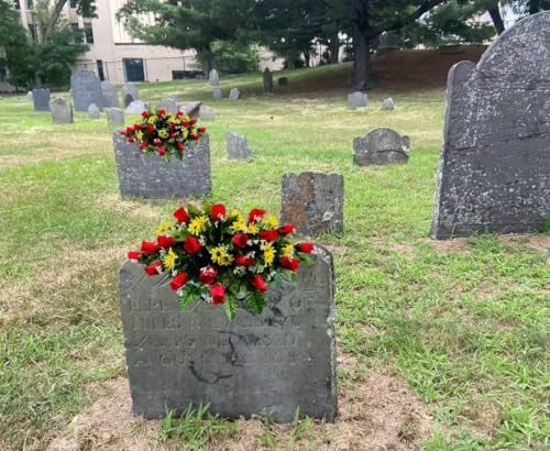 Product: Jucgghk Vivid and Realistic Floral Art Red-Yellow Artificial Headstone Cemetery Saddle, 22-24” Cemetery Flower Arrangement, Artificial Flowers for Grave Tombstone Decorations