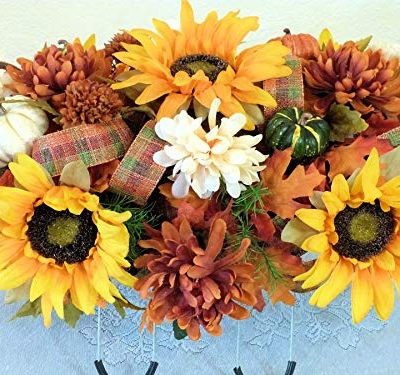 Silky Flower Store Fall Cemetery Saddle Artificial Grave Flowers, Sunflowers Pumpkins, UV Waterproof Silk Florals, 27 x 14 x 10 inches 10 10 Product: Silk Florals & Frills Fall Cemetery Saddle with Pumpkins and Sunflowers, Fall Grave Headstone Flowers