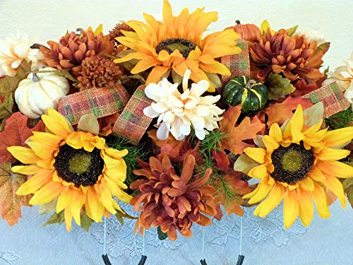 Silky Flower Store Fall Cemetery Saddle Artificial Grave Flowers, Sunflowers Pumpkins, UV Waterproof Silk Florals, 27 x 14 x 10 inches 2 2 Product: Silk Florals & Frills Fall Cemetery Saddle with Pumpkins and Sunflowers, Fall Grave Headstone Flowers
