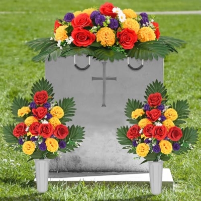 Product: 3 Sets Artificial Cemetery Flowers for Grave, Realistic Cemetery Flowers with Vase, Headstone Flower Saddle, Rose Carnation Flowers for Memorial Cemetery Grave Tombstone Decorations