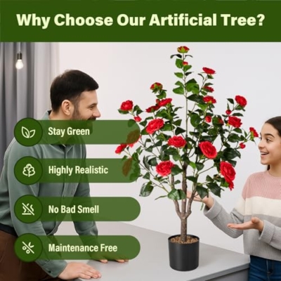 Silky Flower Store Artificial Camellia Tree, Faux Silk Camellia Plant with Planter, Indoor Decorative Faux Greenery, 4.3FT 12 12 Product: Camellia 2 Pack Artificial Fake Tree, 4.3FT Faux Silk Camellia Plant with Planter for Indoor and Outdoor Decoration, Tall Fake Tree for Home, Office, Patio, Balcony, Wedding Decoration