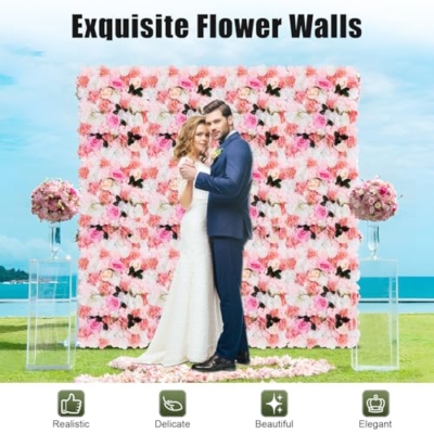 Product: QeuSulio 12PCS Artificial Flower Wall Panel, Fake Dahlias Roses Wall Background Arrangements, Large Silk Floral Backdrop with Different Flowers & Grid for Wedding Venue Decoration Candy Walls