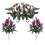 Product: Lodou Artificial Cemetery Flower Saddles for Graves, Cemetery Memorial Flowers with Vase and 2 Memorial Bouquets for Grave Tombstone,Outdoor Grave Saddle Headstone Decorations (Purple White)