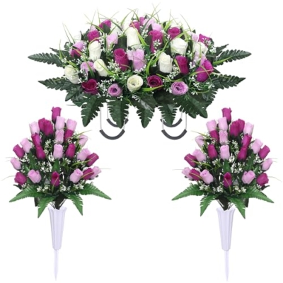 Product: Lodou Artificial Cemetery Flower Saddles for Graves, Cemetery Memorial Flowers with Vase and 2 Memorial Bouquets for Grave Tombstone,Outdoor Grave Saddle Headstone Decorations (Purple White)