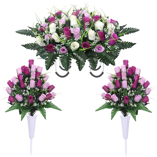 Product: Lodou Artificial Cemetery Flower Saddles for Graves, Cemetery Memorial Flowers with Vase and 2 Memorial Bouquets for Grave Tombstone,Outdoor Grave Saddle Headstone Decorations (Purple White)