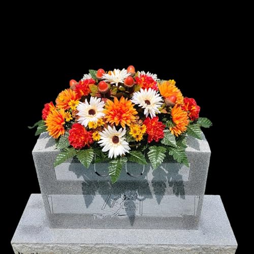 Product: Cream & Orange Dahlias Headstone Saddle, Daisies, Mini Sunflowers Acorns Headstone Saddle for Funeral or Cemetery Memorial Decoration Garland for Table Centerpiece Holiday Party Weddi