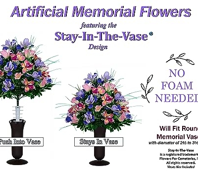 Product: Sympathy Silks Artificial Cemetery Flowers – Realistic Vibrant Tulips, Outdoor Grave Decorations - 1 Cream Pink Tulip Purple Iris Bouquet