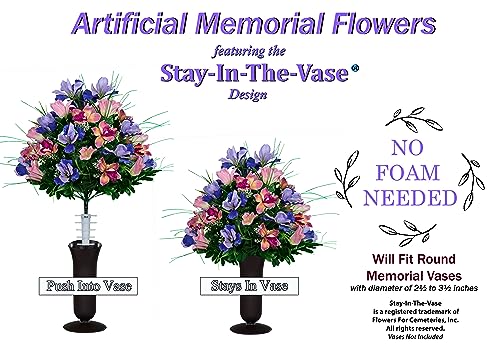 Product: Sympathy Silks Artificial Cemetery Flowers – Realistic Vibrant Tulips, Outdoor Grave Decorations - 1 Cream Pink Tulip Purple Iris Bouquet