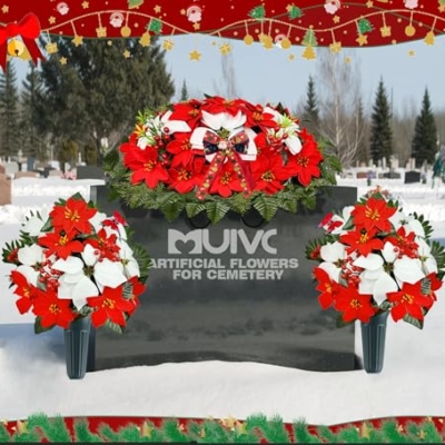 Product: MUVIC Artificial Christmas Cemetery Flower for Grave,Three-Piece Set: Xmas Headstone Flower Saddle and 2 Poinsettia Bouquets,Easy Fit and Colorfast