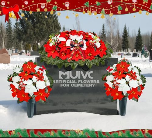 Product: MUVIC Artificial Christmas Cemetery Flower for Grave,Three-Piece Set: Xmas Headstone Flower Saddle and 2 Poinsettia Bouquets,Easy Fit and Colorfast