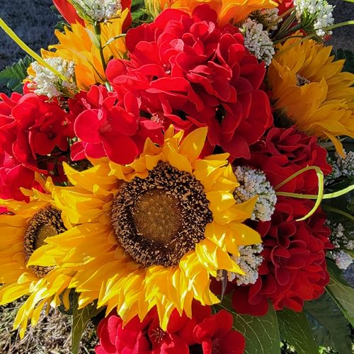 Product: Yellow Sunflower Red Geranium Gladiolus Large Cemetery Saddle & Cone Pair - 3 Memorial Decorations - Realistic Silk Faux Floral Artificial Grave Flowers for Headstone