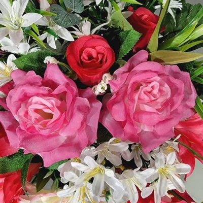 Product: Two-Tone Pink Dahlia, Rose and Trumpet Lily Headstone Saddle for Cemetery Cone Funeral Garland for Table Centerpiece Holiday Party Weddi
