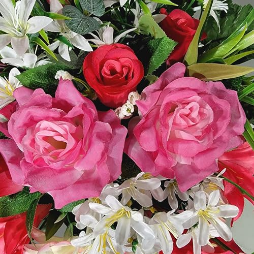 Product: Two-Tone Pink Dahlia, Rose and Trumpet Lily Headstone Saddle for Cemetery Cone Funeral Garland for Table Centerpiece Holiday Party Weddi