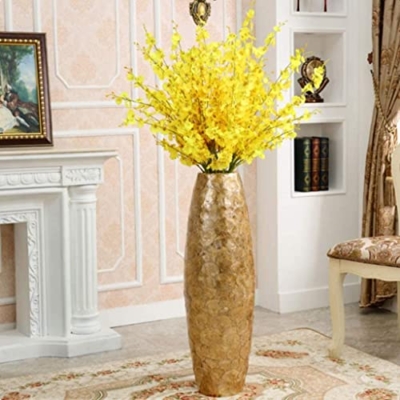 Product: QWQZZRZK Floor Standing Artificial Flowers w/Tall Golden Vase Chinses Yellow Artificial Dancing Orchids Living Room Flower Arrangement Wedding Home Office Party Decoration