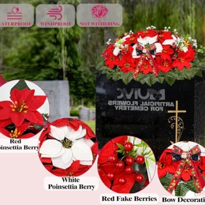 Product: MUVIC Artificial Christmas Cemetery Flower for Grave,Three-Piece Set: Xmas Headstone Flower Saddle and 2 Poinsettia Bouquets,Easy Fit and Colorfast