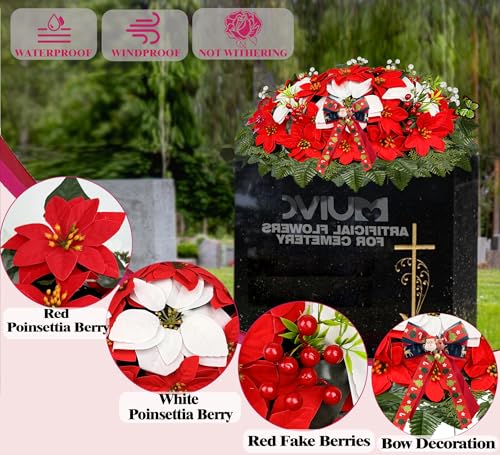 Product: MUVIC Artificial Christmas Cemetery Flower for Grave,Three-Piece Set: Xmas Headstone Flower Saddle and 2 Poinsettia Bouquets,Easy Fit and Colorfast