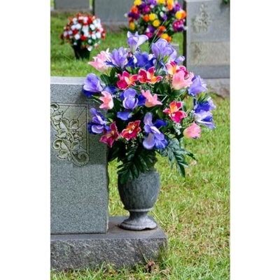 Product: Sympathy Silks Artificial Cemetery Flowers – Realistic Vibrant Tulips, Outdoor Grave Decorations - 1 Cream Pink Tulip Purple Iris Bouquet