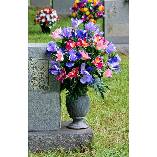 Product: Sympathy Silks Artificial Cemetery Flowers – Realistic Vibrant Tulips, Outdoor Grave Decorations - 1 Cream Pink Tulip Purple Iris Bouquet