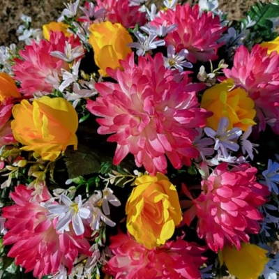 Product: Pink Ball Mums Headstone Saddle, Yellow Roses and Cream Larkspur Grave Flowers for Cemetery for Memorial Decorating Garland for Table Centerpiece Holiday Party Weddi