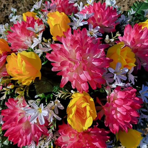 Product: Pink Ball Mums Headstone Saddle, Yellow Roses and Cream Larkspur Grave Flowers for Cemetery for Memorial Decorating Garland for Table Centerpiece Holiday Party Weddi