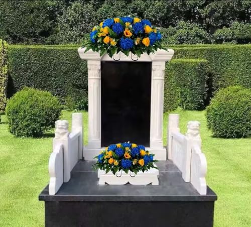 Product: Jucgghk Vivid and Realistic Floral Art Blue Mums and Yellow Roses Artificial Cemetery Saddle,Fathers Day Headstone Saddle for Headstone