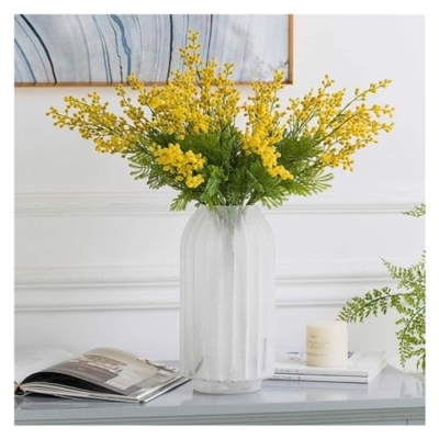 Product: GTEFSWS Artificial Flowers Fake Flower Artificial Yellow Acacia Flowers Mimosa Plush Silk Flower Fake Flower Vase Set Home Wedding Party Table Decor(Frosted Vase+Flower)