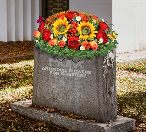 Product: MUVIC Artificial Cemetery Flowers for Outdoor Grave Decorations - Sympathy Headstone Flower Saddle - Realistic Sunflower Rose