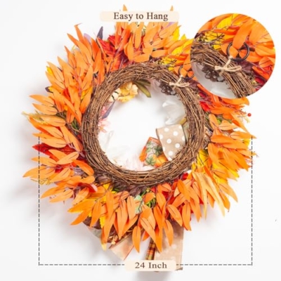 Product: 24" Fall Wreaths for Front Door Outside, Autumn Thanksgiving Harvest Wreath with Pumpkins Dahlias Pinecones & Bow Farmhouse Decoration for Porch Wall Indoor