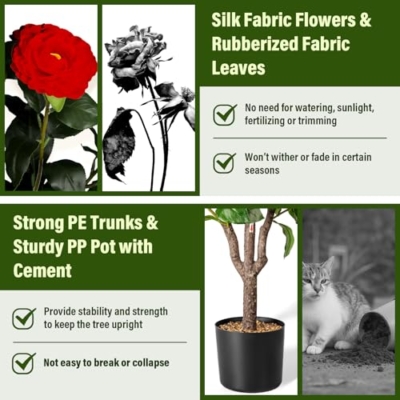 Silky Flower Store Artificial Camellia Tree, Faux Silk Camellia Plant with Planter, Indoor Decorative Faux Greenery, 4.3FT 11 11 Product: Camellia 2 Pack Artificial Fake Tree, 4.3FT Faux Silk Camellia Plant with Planter for Indoor and Outdoor Decoration, Tall Fake Tree for Home, Office, Patio, Balcony, Wedding Decoration
