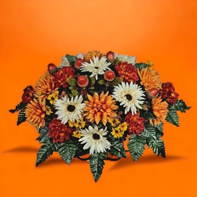 Product: Cream & Orange Dahlias Headstone Saddle, Daisies, Mini Sunflowers Acorns Headstone Saddle for Funeral or Cemetery Memorial Decoration Garland for Table Centerpiece Holiday Party Weddi