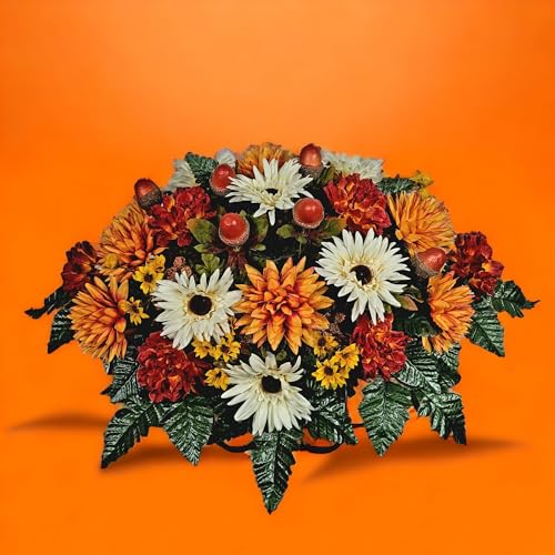 Product: Cream & Orange Dahlias Headstone Saddle, Daisies, Mini Sunflowers Acorns Headstone Saddle for Funeral or Cemetery Memorial Decoration Garland for Table Centerpiece Holiday Party Weddi