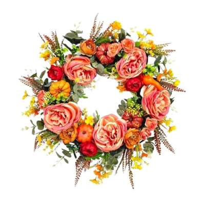 Product: Christmas Wreaths Peony Pumpkin Wreath Decorative Artificial Autumn Garland Festival Theme Front Door Farmhouse Party Decoration Flower Ribbon Decoration