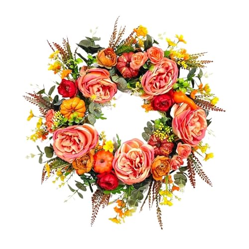 Product: Christmas Wreaths Peony Pumpkin Wreath Decorative Artificial Autumn Garland Festival Theme Front Door Farmhouse Party Decoration Flower Ribbon Decoration