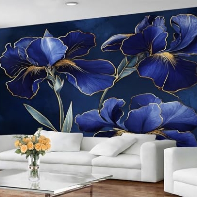 Product: Blue Iris Wall Mural Gold Trimmed Floral Mural Luxury Floral Wallpaper Vintage Dark Flower Murals Modern Themed Wall Art for Living Room Bedroom Kitchen 169.3" x 118.2"