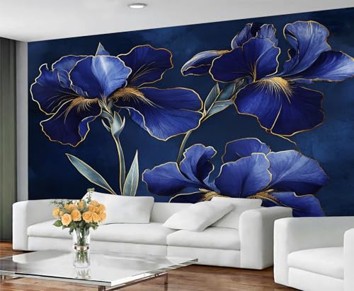 Product: Blue Iris Wall Mural Gold Trimmed Floral Mural Luxury Floral Wallpaper Vintage Dark Flower Murals Modern Themed Wall Art for Living Room Bedroom Kitchen 169.3" x 118.2"