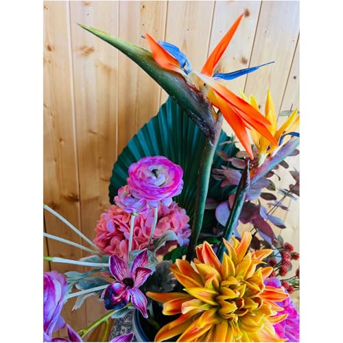 Product: RIX Artificial Multi Colored Bird of Paradise Flowers Arrangement - in Weighted Ceramic Vase 7" Tall