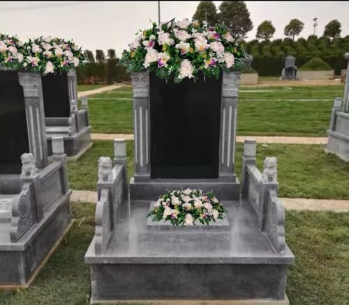 Product: Jucgghk Vivid and Realistic Floral Art White and Purple Cemetery Saddle, Spring and Summer Cemetery Flower Arrangement,Artificial Cemetery Flowers for Headstone