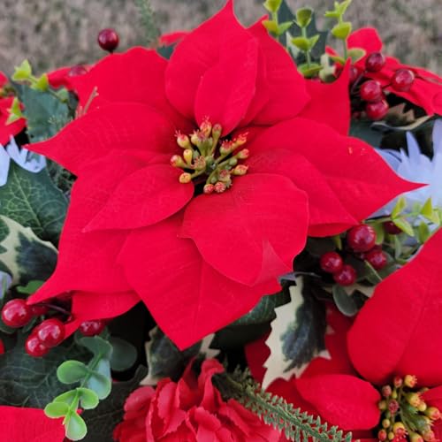Product: Red and White Headstone Saddle, Poinsettia Grave Flowers for Perfect Winter Memorial Decoration Garland for Table Centerpiece Holiday Party Weddi
