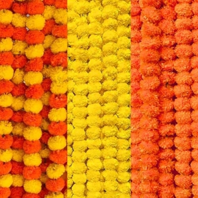 Product: MANTRAMART Artificial Marigold Flower Garlands – Pack of 15 (5 Yellow, 5 Orange, 5 Multicolor) – Decorative Strings for Home, Festival, Event & Party Decor – 4.5 ft Each