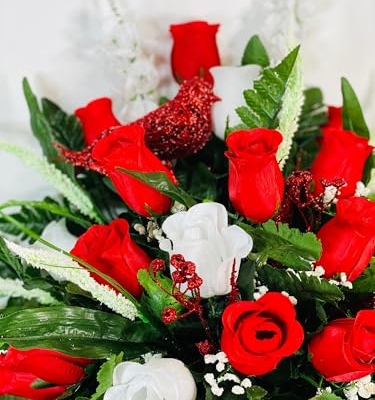 Product: Jucgghk Vivid and Realistic Floral Art 24" Handmade Cone Vase Red and White Roses with Birds, Valentine Vase Arrangement for Cemetery Headstones Gravesites