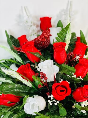 Product: Jucgghk Vivid and Realistic Floral Art 24" Handmade Cone Vase Red and White Roses with Birds, Valentine Vase Arrangement for Cemetery Headstones Gravesites