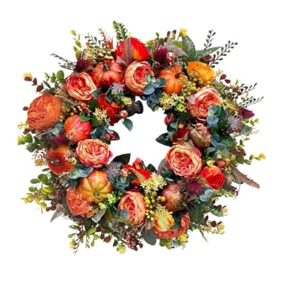 Product: Christmas Wreaths Peony Pumpkin Wreath Decorative Artificial Autumn Garland Festival Theme Front Door Farmhouse Party Decoration Flower Ribbon Decoration