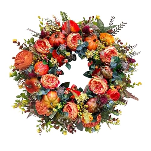 Product: Christmas Wreaths Peony Pumpkin Wreath Decorative Artificial Autumn Garland Festival Theme Front Door Farmhouse Party Decoration Flower Ribbon Decoration