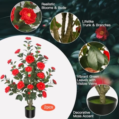 Silky Flower Store Artificial Camellia Tree, 2Pack Red Flowers, Cement Pots, 39.37in 10 10 Product: HanJoy 2Pack 39.37" Artificial Camellia Trees with 32 Red Flowers in Cement Pots – Lifelike Fake Trees for Front Porch, Home, Indoor Outdoor Spring Decor, Office or Housewarming Gifts