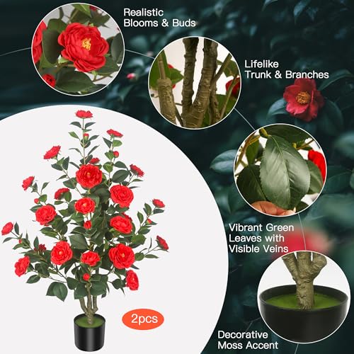 Silky Flower Store Artificial Camellia Tree, 2Pack Red Flowers, Cement Pots, 39.37in 3 3 Product: HanJoy 2Pack 39.37" Artificial Camellia Trees with 32 Red Flowers in Cement Pots – Lifelike Fake Trees for Front Porch, Home, Indoor Outdoor Spring Decor, Office or Housewarming Gifts