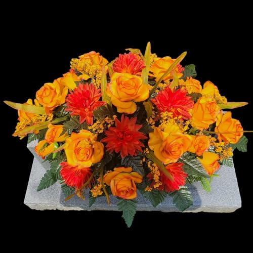 Product: Beautiful Elegant Orange, 2-Tone Rose and Mum Headstone Saddle for Cemetery Saddle Garland for Table Centerpiece Holiday Party Weddi