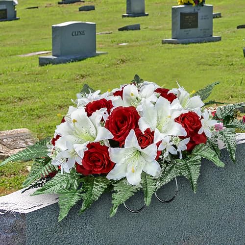 Product: XONOR Artificial Cemetery Flower Saddles, Cemetery Memorial Flowers with Vase for Grave Tombstone Decorations, Lily Rose Headstone Flowers Saddle(1 Saddle 2 Bouquets)