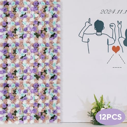 Product: JLYNOWPT 12 Pcs Artificial Flower Wall Panel, 15.7"x 23.6" Flower Wall Panel Backdrop with Grid Clip Connection Purple, Light Blue, White, Pink, Green 3D Silk Rose, Dahlia Floral Panel for Wedding